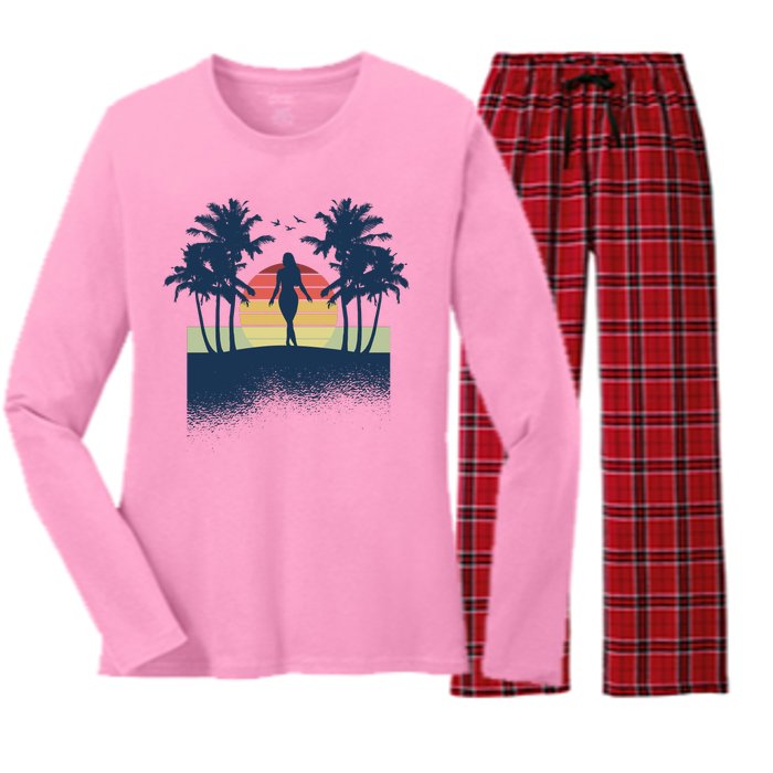 Retro Sunset Tropical Vacation Women's Long Sleeve Flannel Pajama Set 