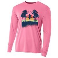 Retro Sunset Tropical Vacation Cooling Performance Long Sleeve Crew