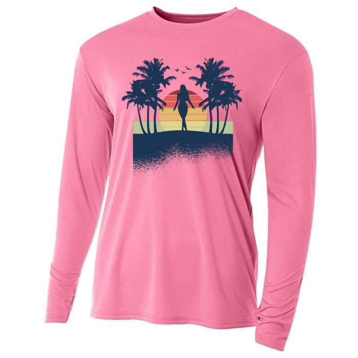 Retro Sunset Tropical Vacation Cooling Performance Long Sleeve Crew