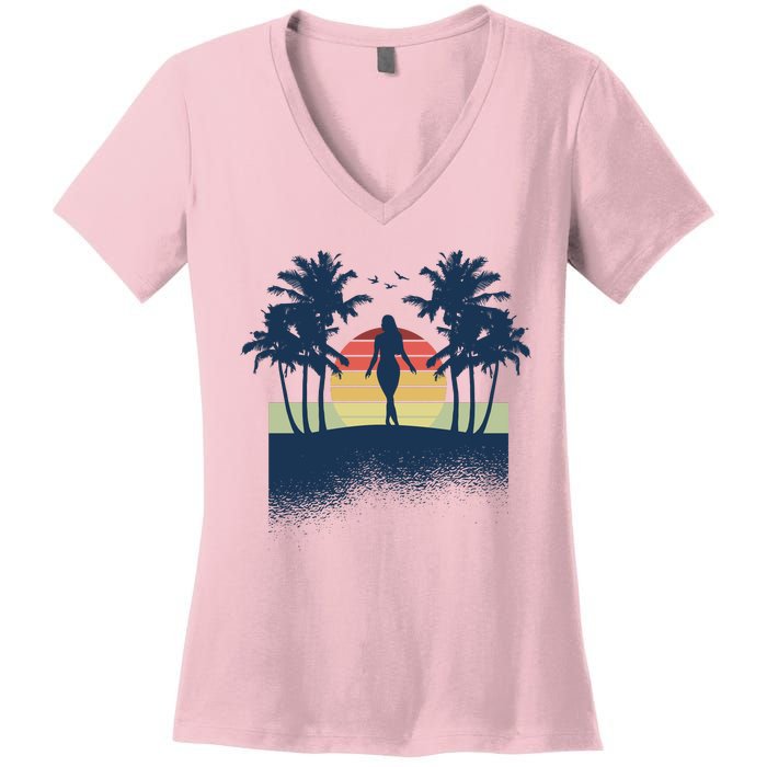 Retro Sunset Tropical Vacation Women's V-Neck T-Shirt