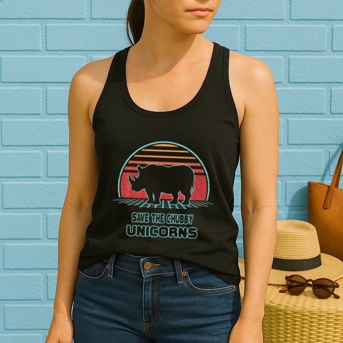 Rhino Save The Chubby Unicorns Retro 80s Style Funny Womens Tank Top
