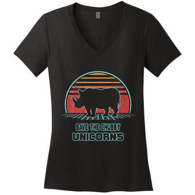 Rhino Save The Chubby Unicorns Retro 80s Style Funny Women's V-Neck T-Shirt