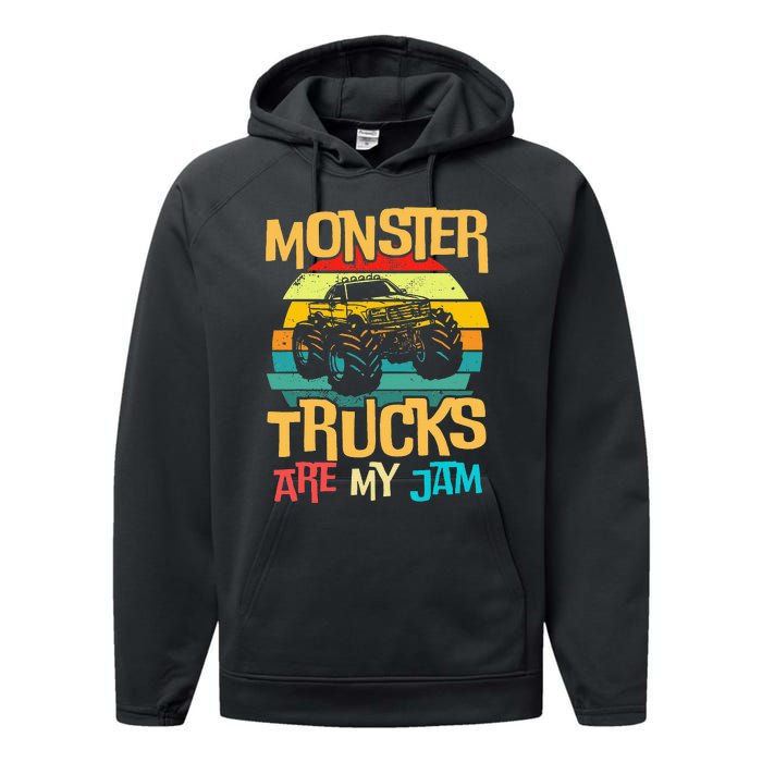 Retro Sunset Truck Vintage Monster Trucks Are My Jam Performance Fleece Hoodie