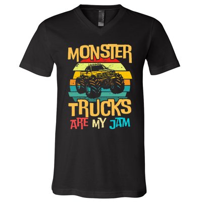 Retro Sunset Truck Vintage Monster Trucks Are My Jam V-Neck T-Shirt