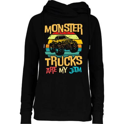 Retro Sunset Truck Vintage Monster Trucks Are My Jam Womens Funnel Neck Pullover Hood