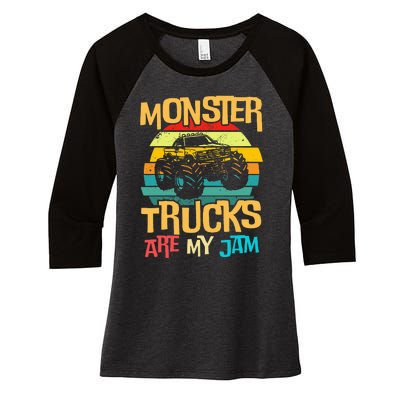 Retro Sunset Truck Vintage Monster Trucks Are My Jam Women's Tri-Blend 3/4-Sleeve Raglan Shirt