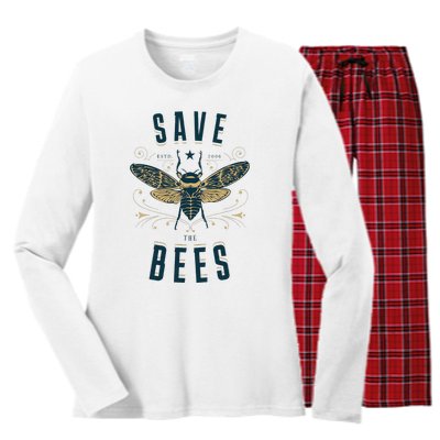 Retro Save The Bees Apiary Bee Beekeeper Earth Day Women's Long Sleeve Flannel Pajama Set 