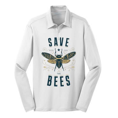 Retro Save The Bees Apiary Bee Beekeeper Earth Day Silk Touch Performance Long Sleeve Polo