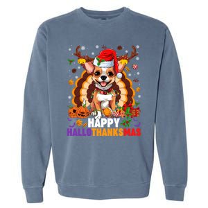 Reindeer Santa Turkey Chihuahua Dog Happy Hallothanksmas Gift Garment-Dyed Sweatshirt