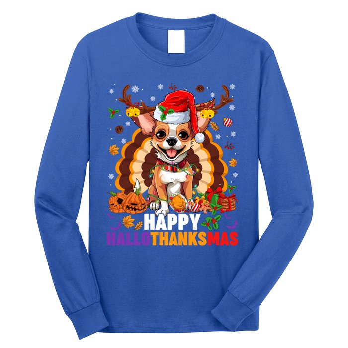 Reindeer Santa Turkey Chihuahua Dog Happy Hallothanksmas Gift Long Sleeve Shirt