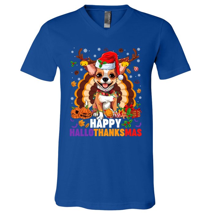 Reindeer Santa Turkey Chihuahua Dog Happy Hallothanksmas Gift V-Neck T-Shirt