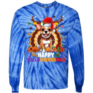 Reindeer Santa Turkey Chihuahua Dog Happy Hallothanksmas Gift Tie-Dye Long Sleeve Shirt