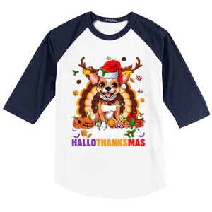 Reindeer Santa Turkey Chihuahua Dog Happy Hallothanksmas Gift Baseball Sleeve Shirt