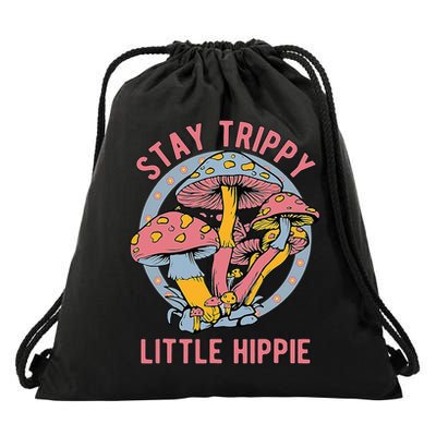 Retro Stay Trippy Little Hippie Groovy Cottagecore Mushroom Drawstring Bag
