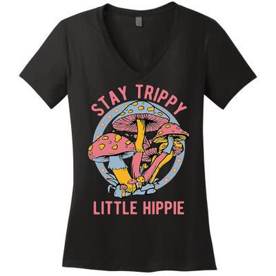 Retro Stay Trippy Little Hippie Groovy Cottagecore Mushroom Women's V-Neck T-Shirt