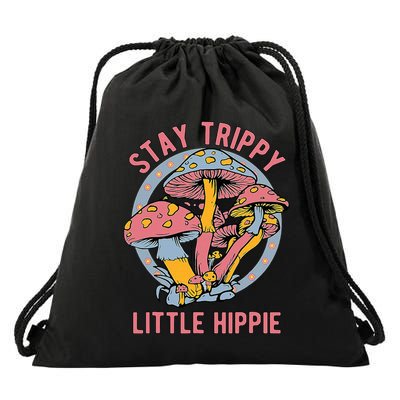 Retro Stay Trippy Little Hippie Groovy Cottagecore Mushroom Drawstring Bag