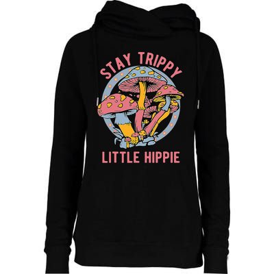 Retro Stay Trippy Little Hippie Groovy Cottagecore Mushroom Womens Funnel Neck Pullover Hood
