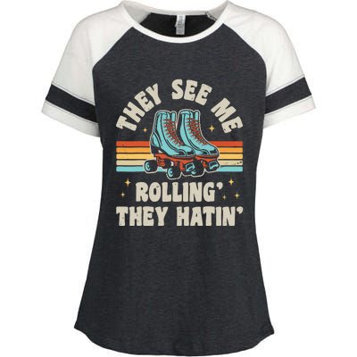 Roller Skating They See Me Rollin' They Hatin' Skater Skate Enza Ladies Jersey Colorblock Tee