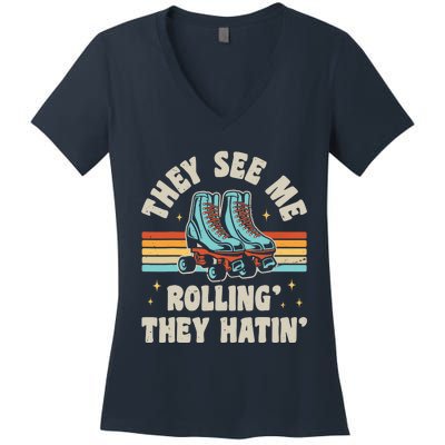 Roller Skating They See Me Rollin' They Hatin' Skater Skate Women's V-Neck T-Shirt