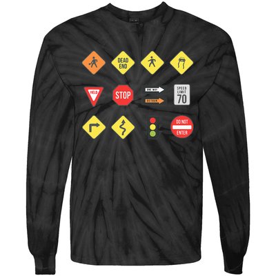 Road Signs Traffic Signs Driving School Sign Examination Tie-Dye Long Sleeve Shirt