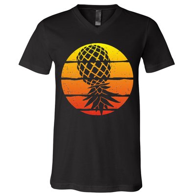 Retro Sunset Upside Down Pineapple Swinger V-Neck T-Shirt