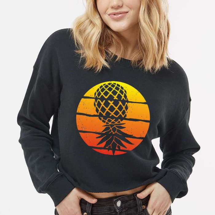 Retro Sunset Upside Down Pineapple Swinger Cropped Pullover Crew