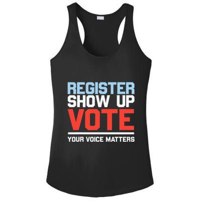 Register Show Up Vote Voice Matters Civic Duty Ladies PosiCharge Competitor Racerback Tank