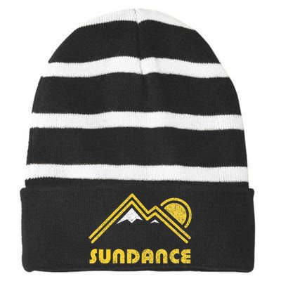 Retro Sundance Utah Ut Vintage Mountains Striped Beanie with Solid Band