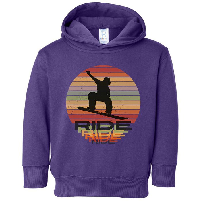 Ride Snowboard Vintage Sunset Distressed Snowboarder Graphic Toddler Hoodie