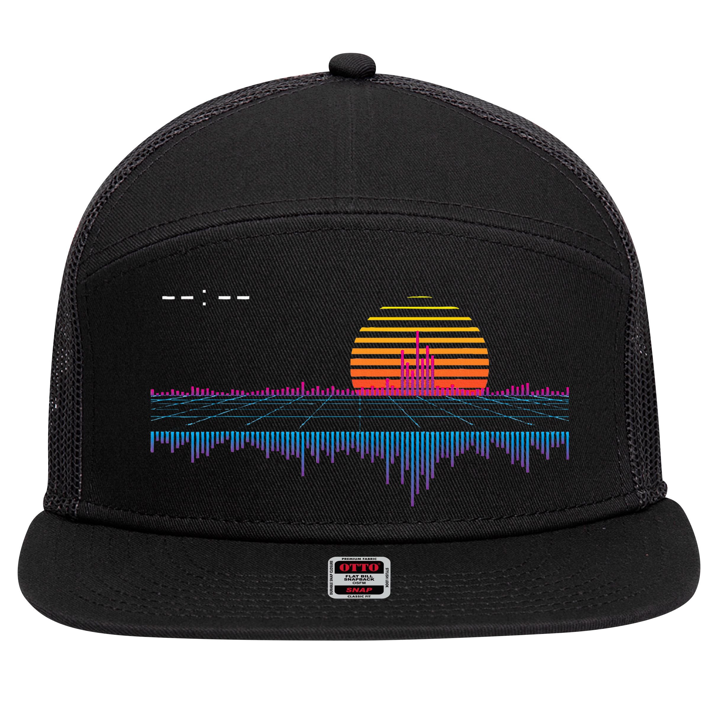 Retrowave Synthwave Vaporwave Sunset Aesthetic 7 Panel Mesh Trucker Snapback Hat