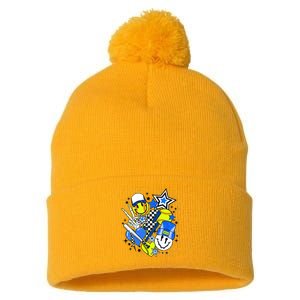 retro softball Vibes Funny softball Smile Face Meme Pom Pom 12in Knit Beanie