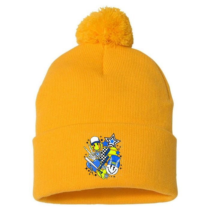 retro softball Vibes Funny softball Smile Face Meme Pom Pom 12in Knit Beanie
