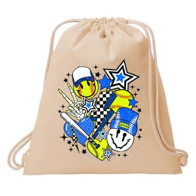 retro softball Vibes Funny softball Smile Face Meme Drawstring Bag