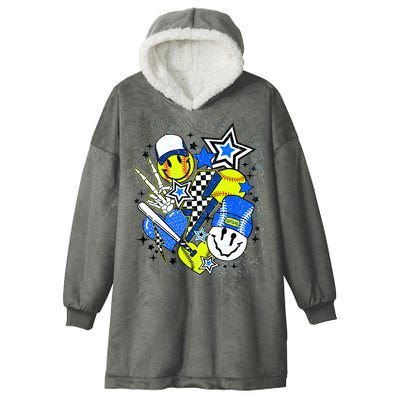 retro softball Vibes Funny softball Smile Face Meme Hooded Wearable Blanket