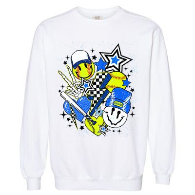 retro softball Vibes Funny softball Smile Face Meme Garment-Dyed Sweatshirt