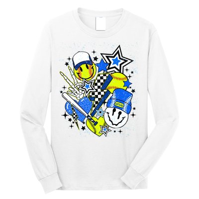 retro softball Vibes Funny softball Smile Face Meme Long Sleeve Shirt