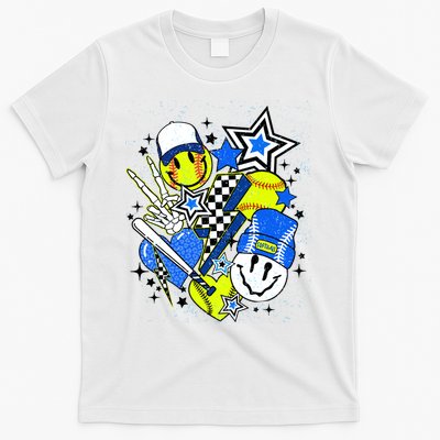 retro softball Vibes Funny softball Smile Face Meme T-Shirt