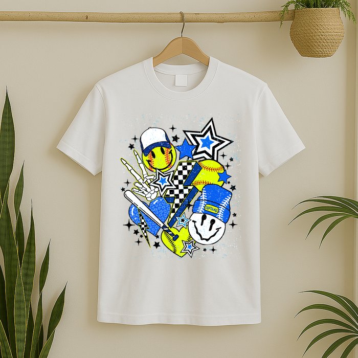 retro softball Vibes Funny softball Smile Face Meme T-Shirt