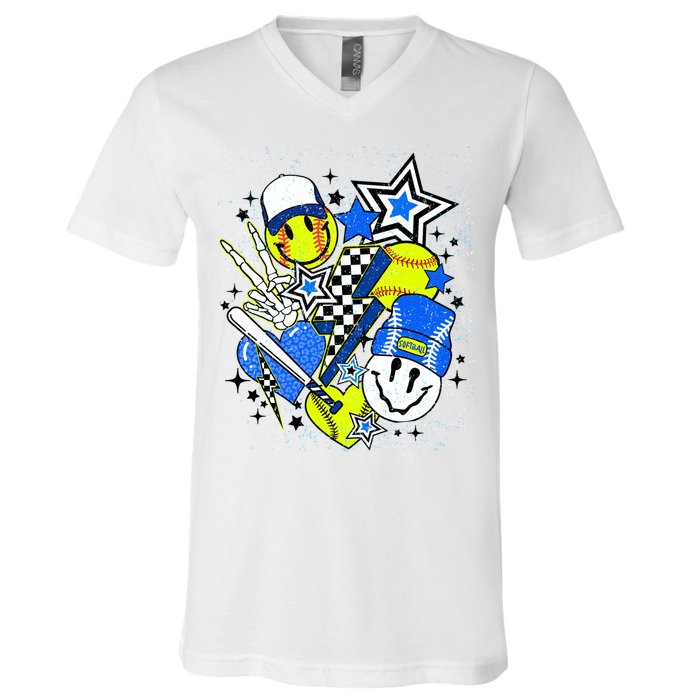 retro softball Vibes Funny softball Smile Face Meme V-Neck T-Shirt