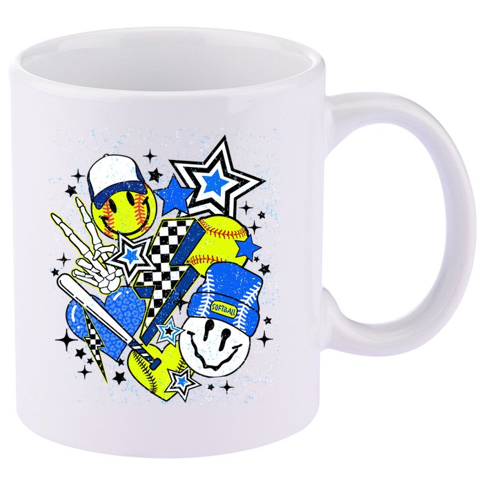 retro softball Vibes Funny softball Smile Face Meme 11oz C Handle Ceramic Mug