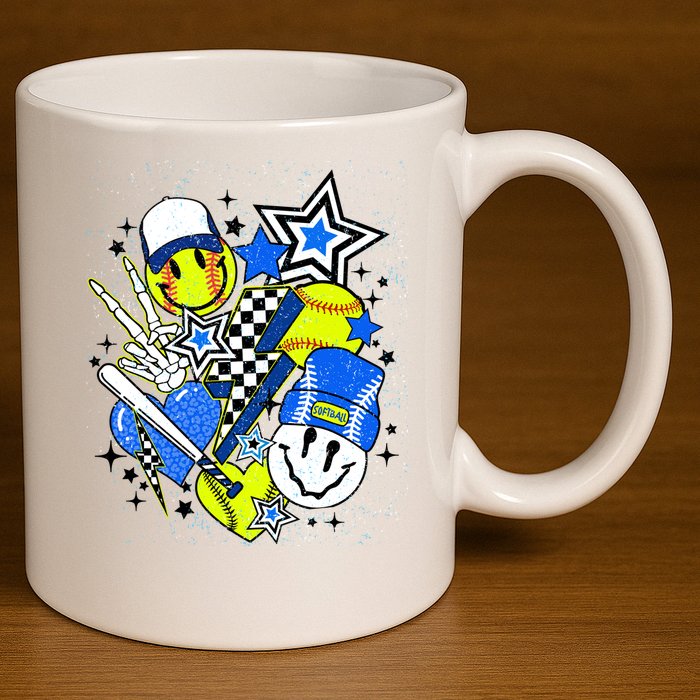 retro softball Vibes Funny softball Smile Face Meme 11oz C Handle Ceramic Mug