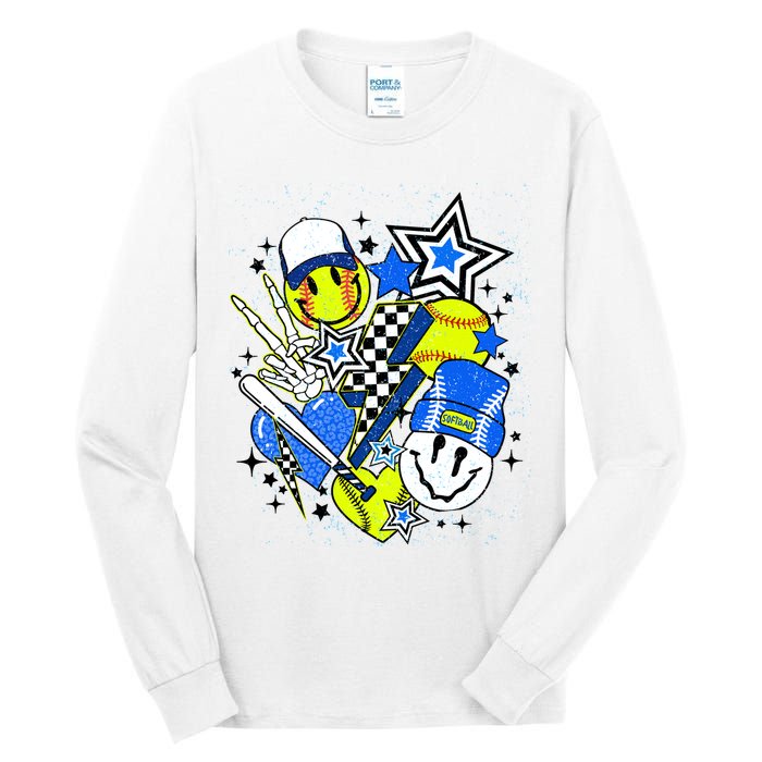 retro softball Vibes Funny softball Smile Face Meme Tall Long Sleeve T-Shirt