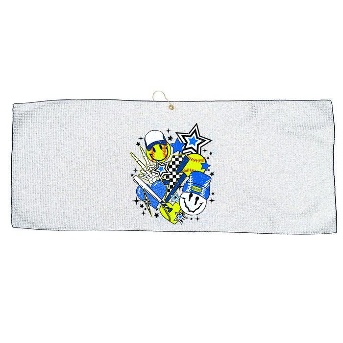 retro softball Vibes Funny softball Smile Face Meme Large Microfiber Waffle Golf Towel