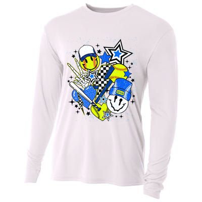 retro softball Vibes Funny softball Smile Face Meme Cooling Performance Long Sleeve Crew