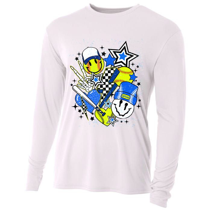 retro softball Vibes Funny softball Smile Face Meme Cooling Performance Long Sleeve Crew