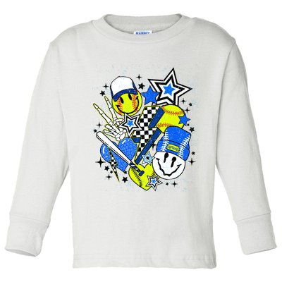 retro softball Vibes Funny softball Smile Face Meme Toddler Long Sleeve Shirt