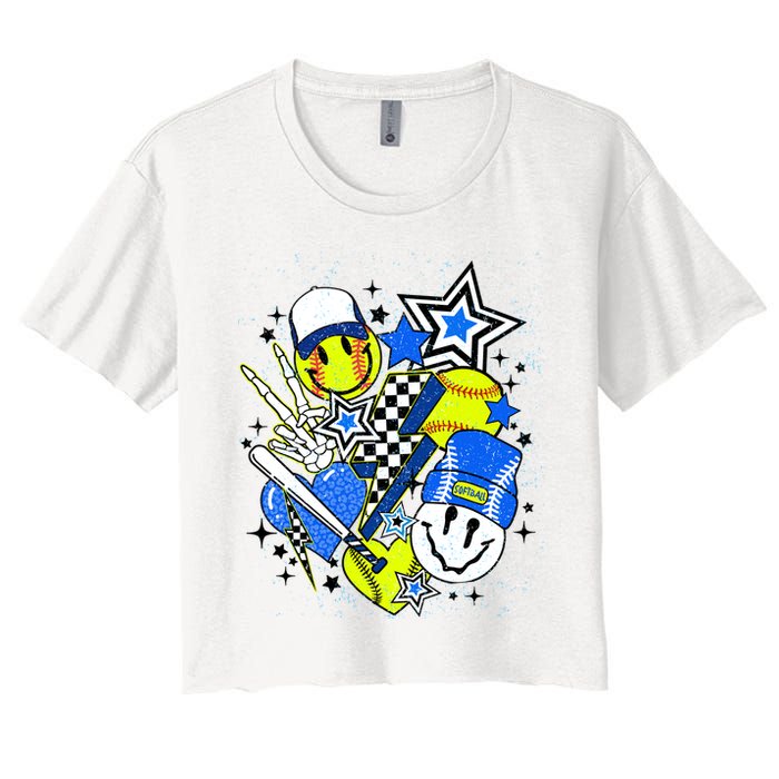 retro softball Vibes Funny softball Smile Face Meme Crop Top