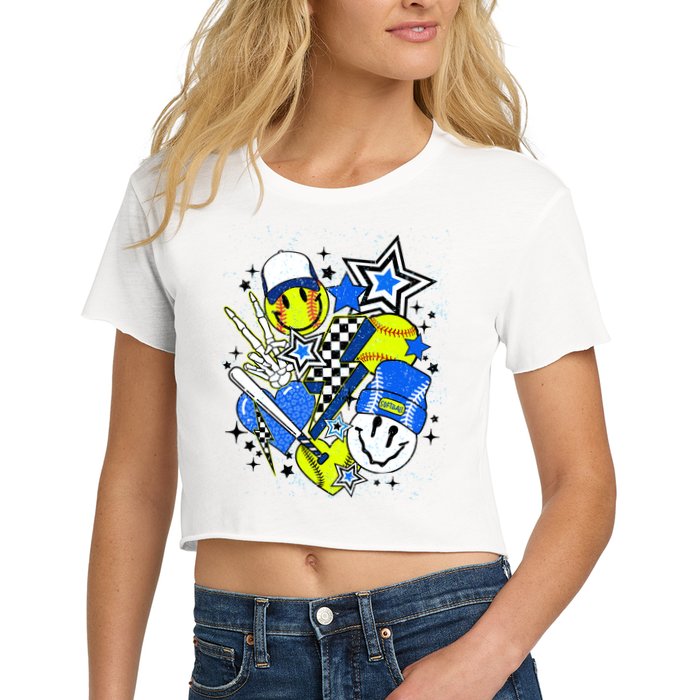 retro softball Vibes Funny softball Smile Face Meme Crop Top