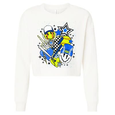 retro softball Vibes Funny softball Smile Face Meme Cropped Pullover Crew