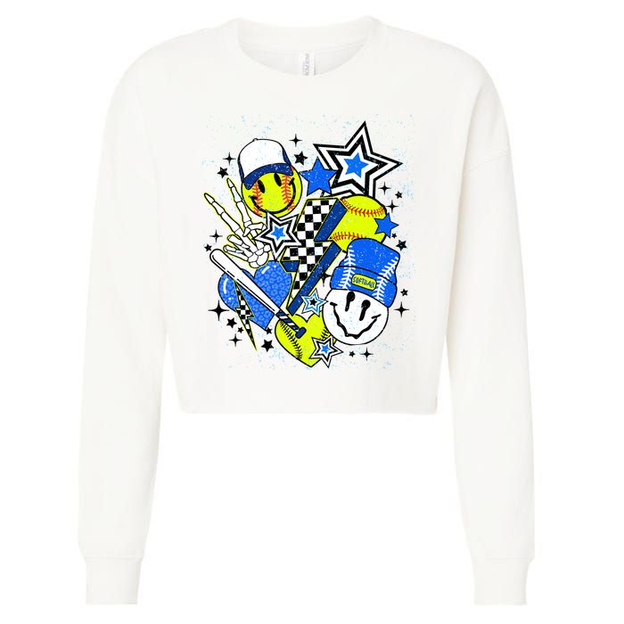 retro softball Vibes Funny softball Smile Face Meme Cropped Pullover Crew